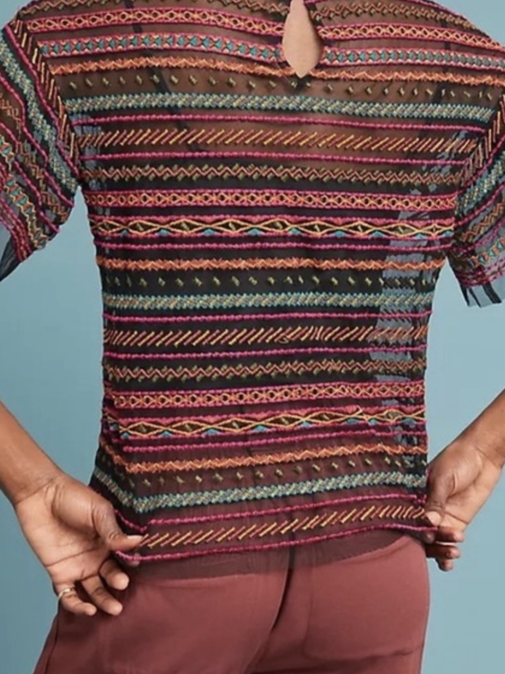 Maeve For Anthropologie Black Mesh Top with Multicolor Embroidery - Picture 2 of 7